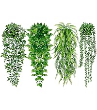 Palonu Artificial Hanging Plants for Shelf, 4 Pack Fake Potted Greenery Faux Eucalyptus Vine, Mandala Vine, String of Pearls,Pea pod Leaves in Pot for Office Living Room Bathroom Indoor Outdoor Décor