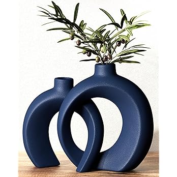 Navy Blue Ceramic Hollow Elliptical Vase Set Of 2 - Boho Circle Vase With Hole, For Modern Navy Blue Table Decor, Living Room Decor Shelf Mid Century-413236